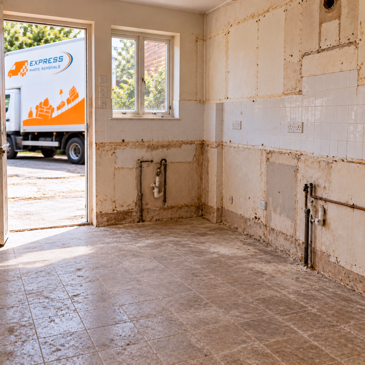 After kitchen removal - stripped-out room ready for renovation